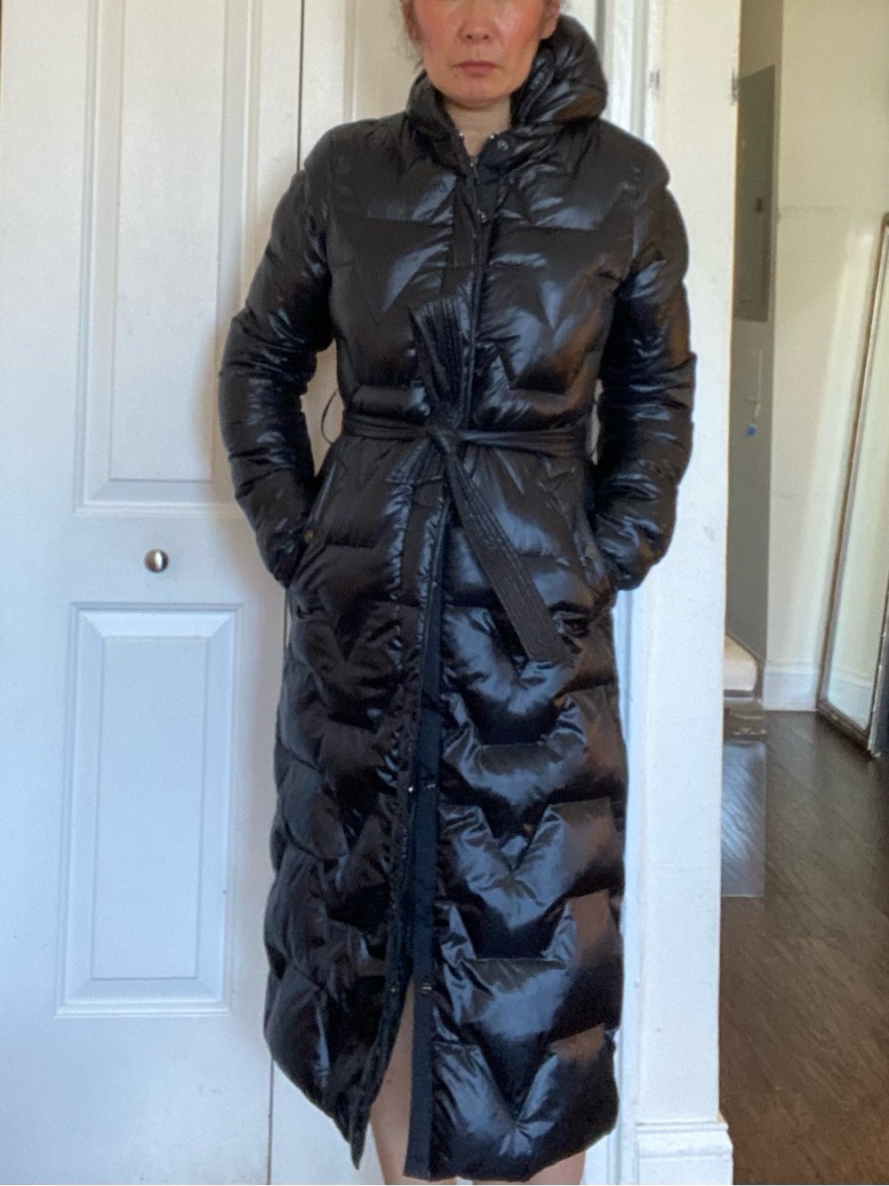 Karl Lagerfeld Black Glossy Long Quilted Puffer Coat with Belt & Hood